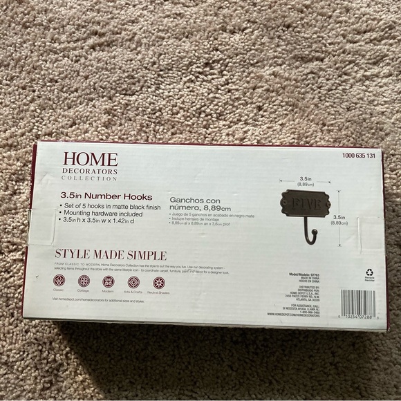 New 3.5in Number Hooks. Set Of 5 Hooks - Home Decorators Collection - Picture 4 of 6